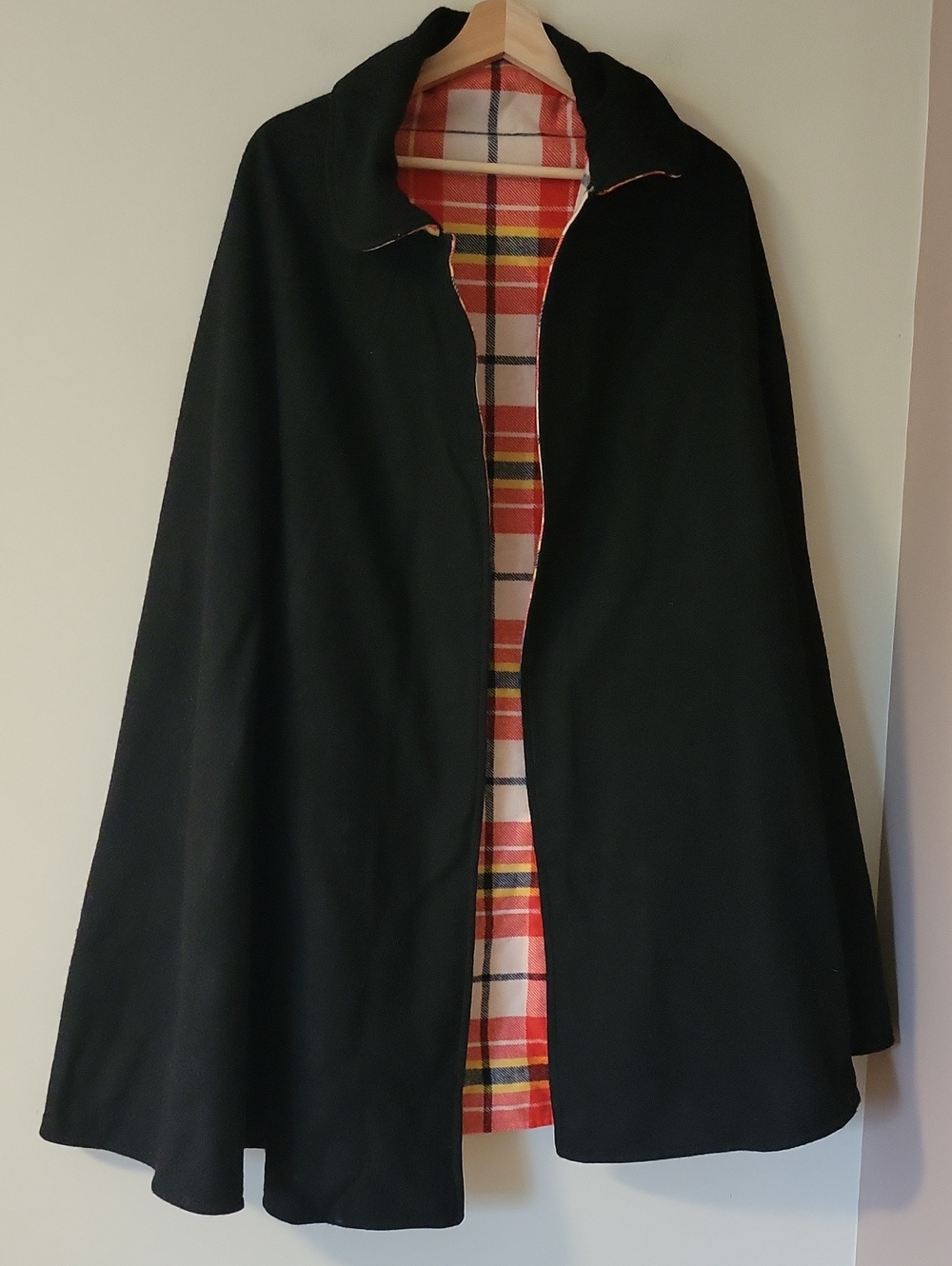 Vintage Handmade Reversible Wool Cape Poncho Black Red Plaid Women Small Medium